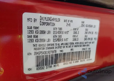 2001 Dodge Grand Caravan Es из США, поврежденный, VIN 2B4GP54361R279079